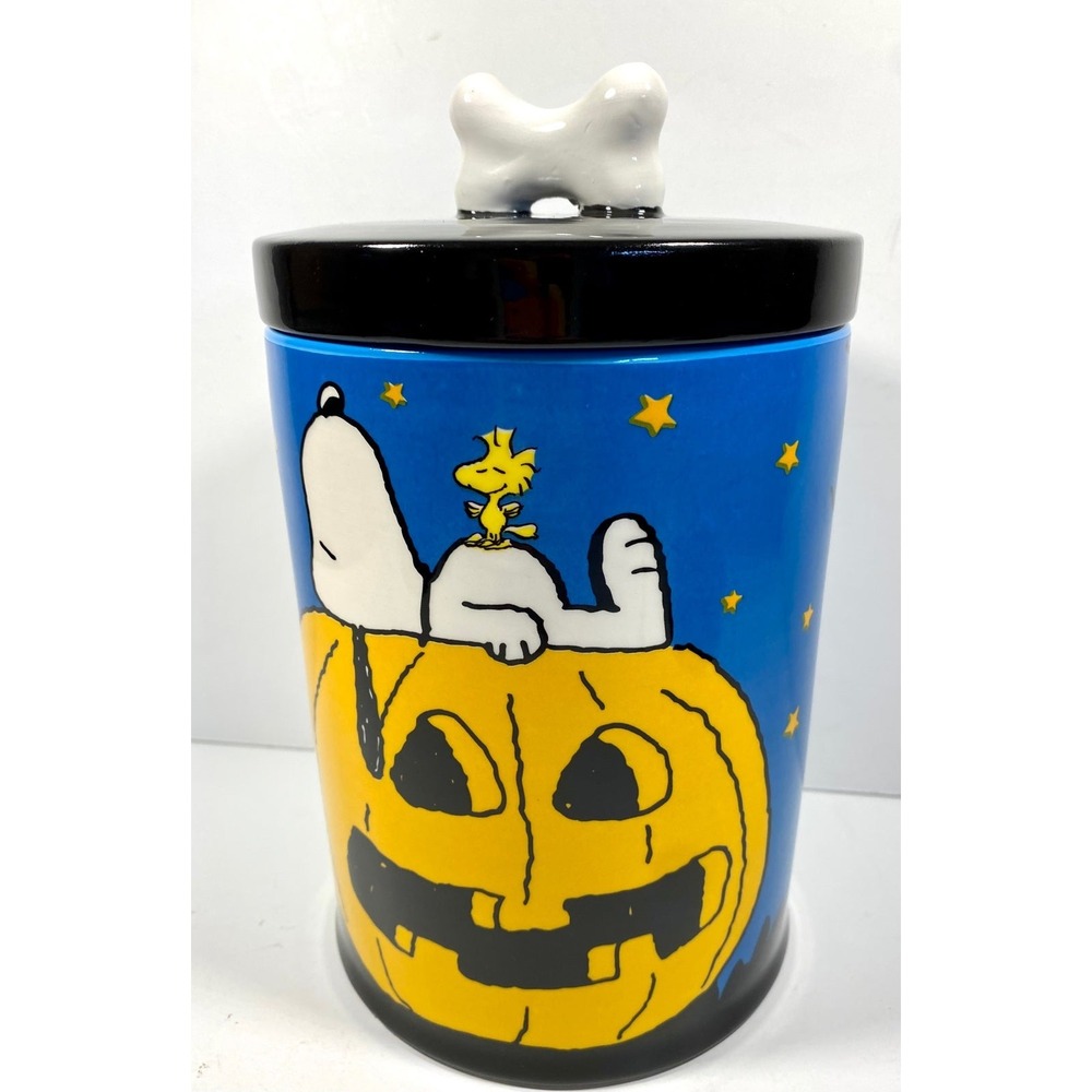 Peanuts Snoopy Halloween Ceramic Cookie Jar Canister Fall Pumpkin Blue Bone Lid - Picture 2 of 12